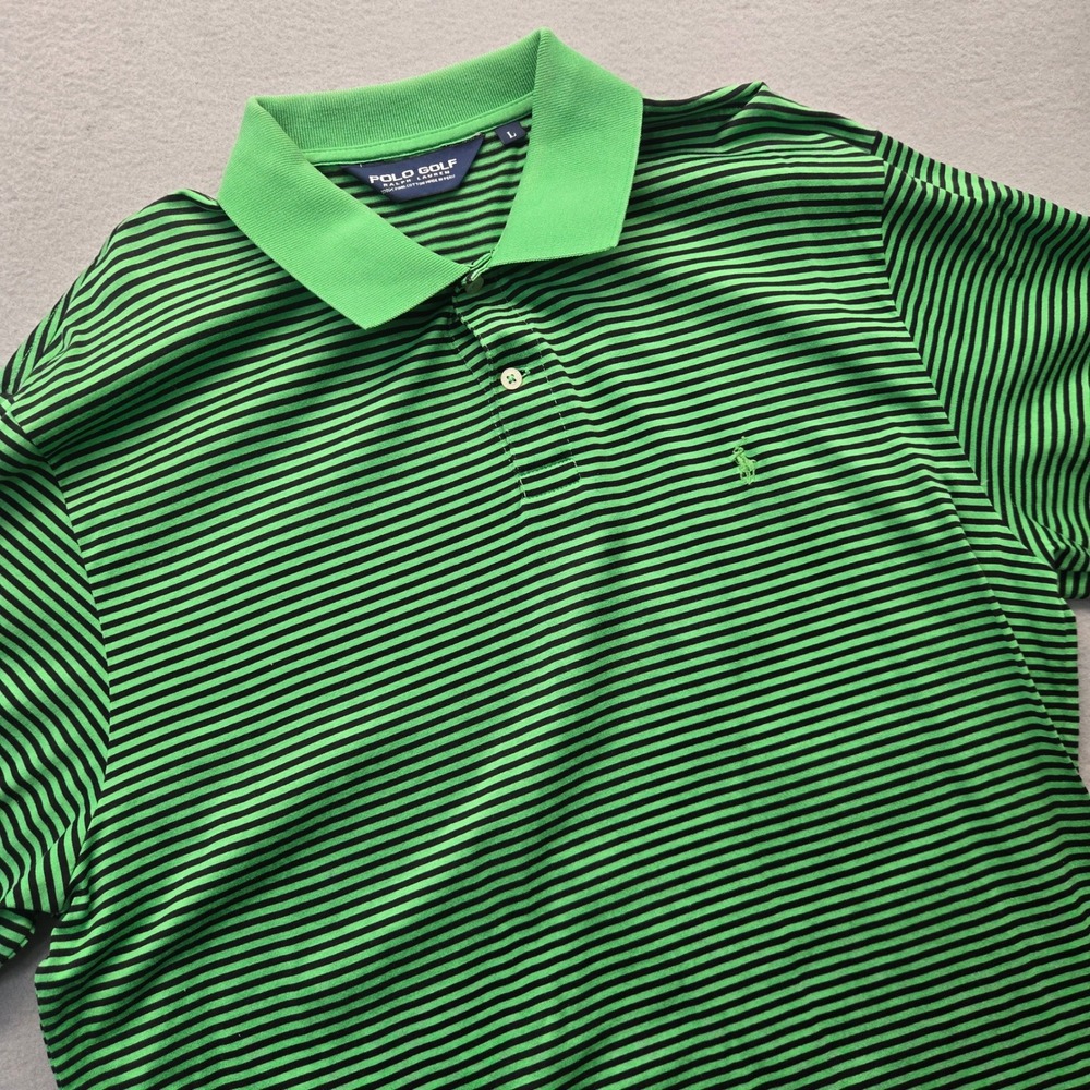 Polo Golf Ralph Lauren Mens Large Green Black Striped Pima Cotton Polo Shirt